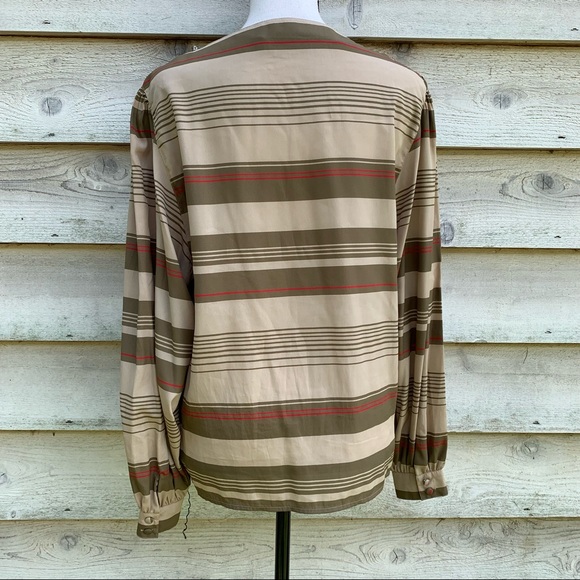 Vintage 80s Tan Striped Boat Neck Collarless Long Sleeve Popover Semi Sheer Top - Picture 15 of 16